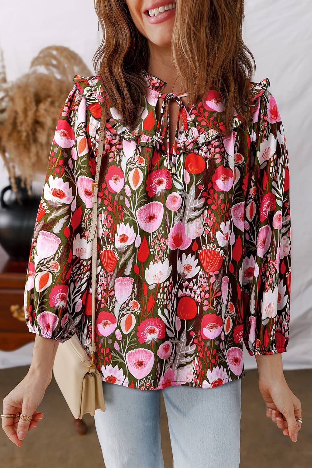 Red Floral Three Quarter Sleeve Lace-Up Neck Blouse
