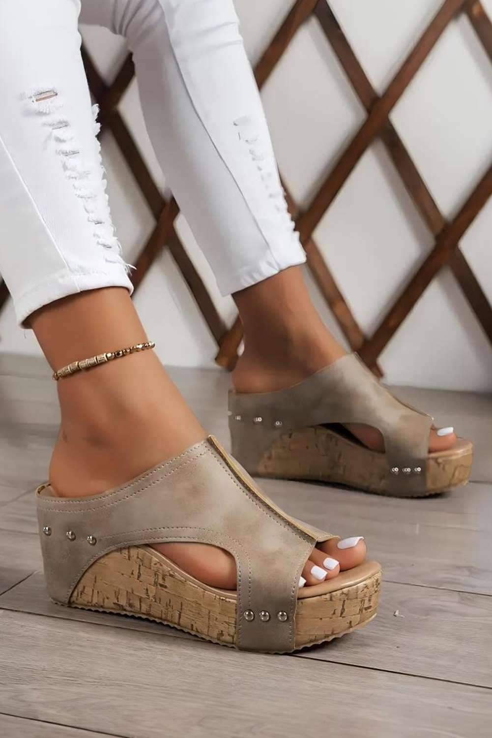 Gray Hollow Out Studded Pu Leather Wedge Slippers