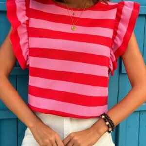 Red Stripe Flutter Sleeve Round Neck T Shirt