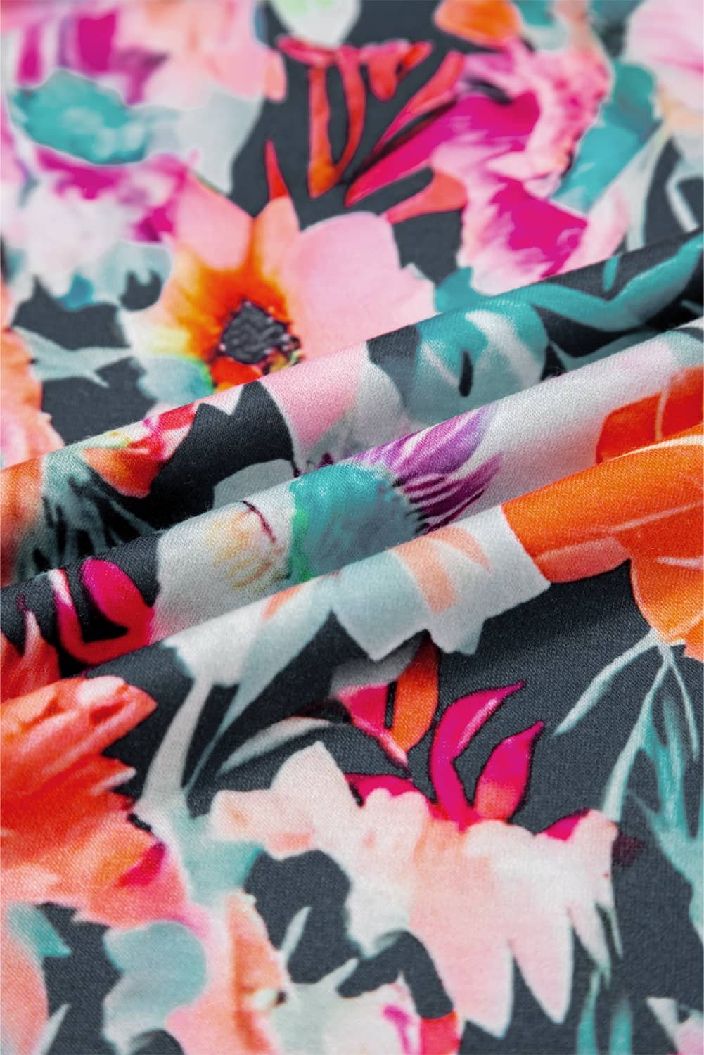 Black Floral 3/4 Flare Sleeve Tied V Neck Blouse