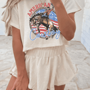 Beige American Cowboy Western Graphic Tee And Ruffle Skort 2Pcs Set