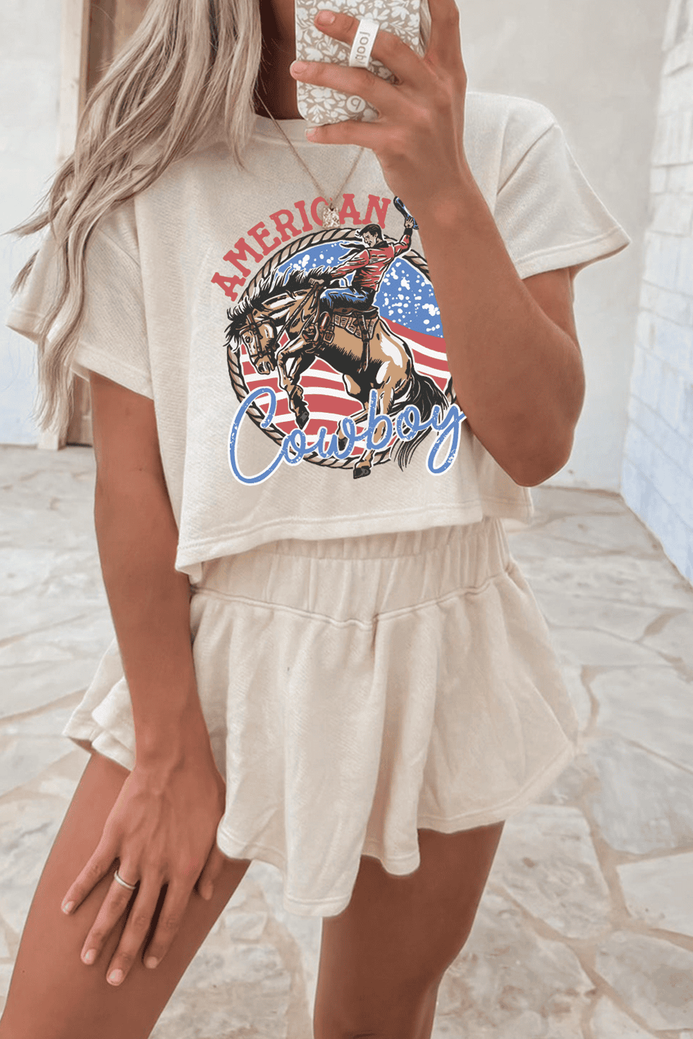 Beige American Cowboy Western Graphic Tee And Ruffle Skort 2Pcs Set