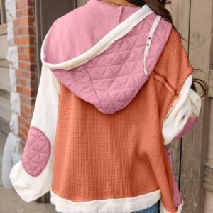 Coral Quilted Textured Patchwork Loose Fit Hooded Jacket