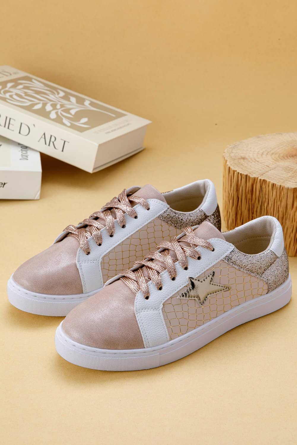 Gold Glitter Star Patchwork Pu Leather Lace-Up Sneakers