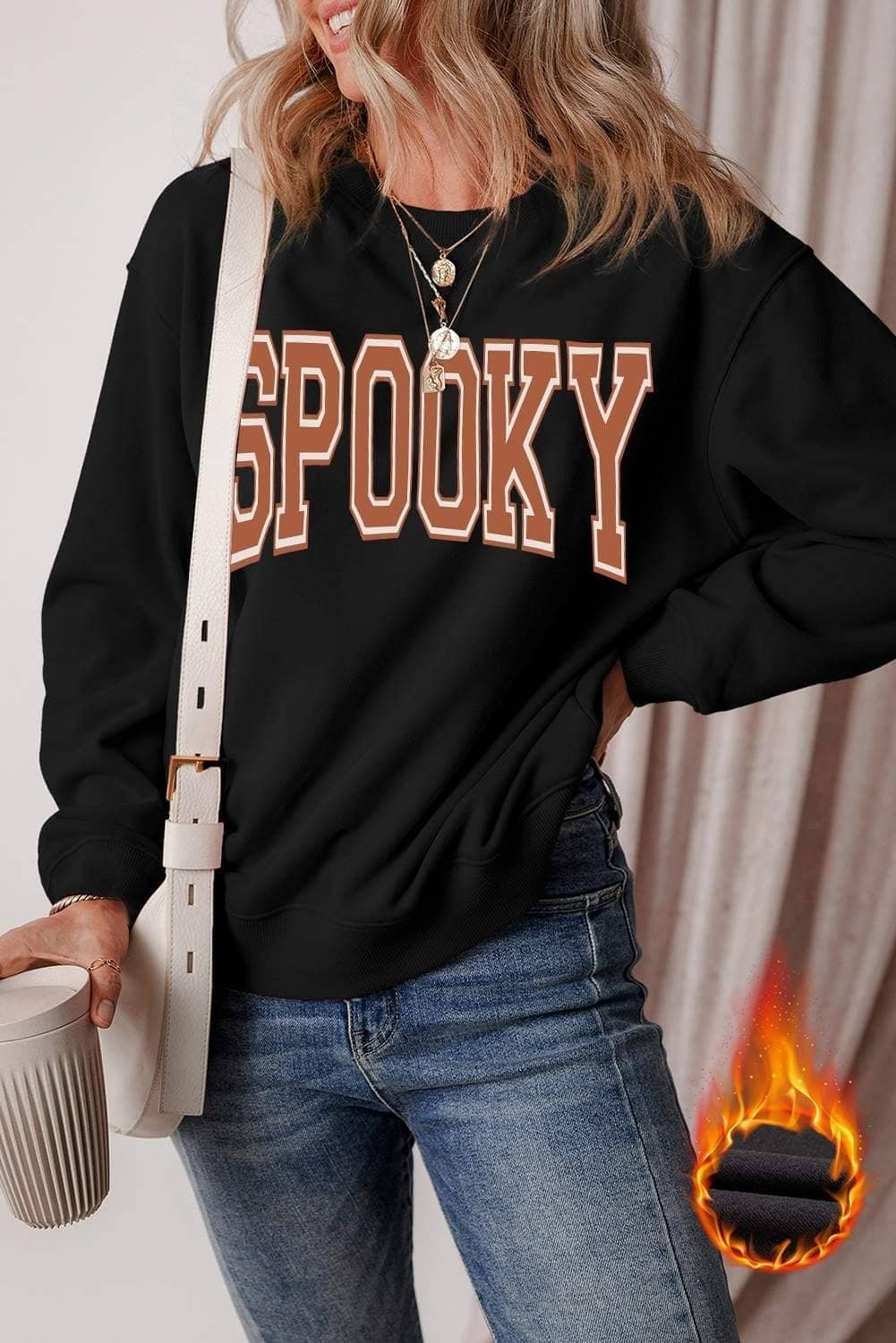 Black Spooky Graphic Drop Shoulder Halloween Pullover Sweatshirt