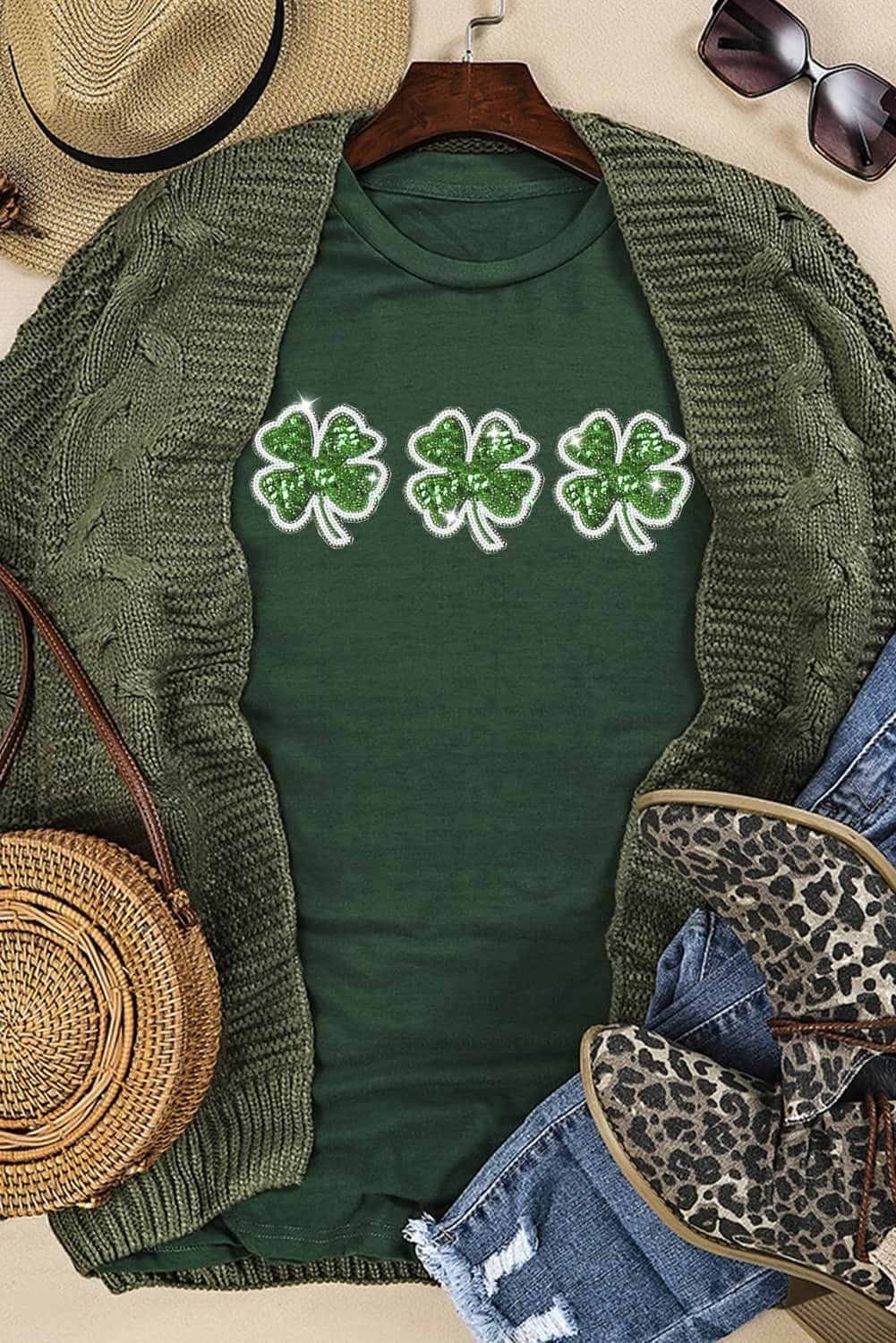 Green St Patrick Clover Patch Sequin Graphic T-Shirt