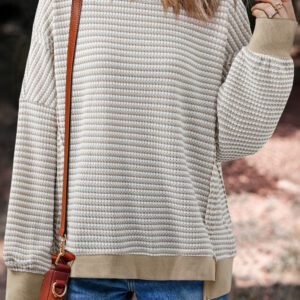 Brown Stripe Ribbed Trim Drop Shoulder Long Sleeve Oversize Top