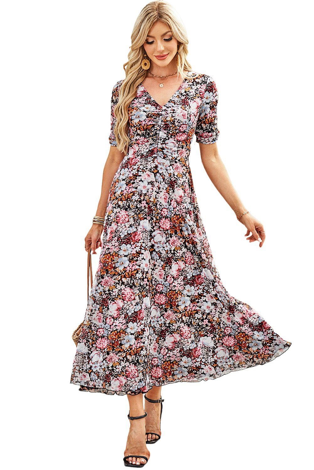 Brown Mesh Leopard Floral Reversible V Neck Short Sleeve Dress