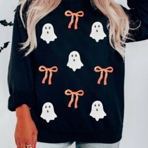 Black Halloween Ghost Bow Sequin Patched Drop Shoulder Sweatshirt