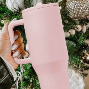 Light Pink Frosted Stainless Handle Large Vacuum Cup With Straw 40Oz
