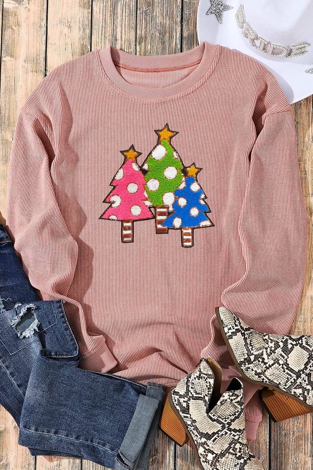 Pink Vintage Wash Sequined Christmas Tree Corded Sweatshirt