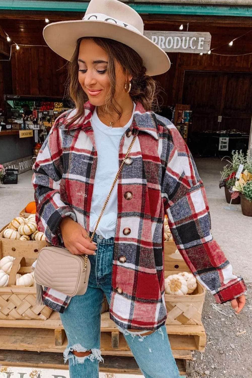 Red Plaid Print Buttoned Shirt Jacket
