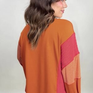 Orange Textured Knit Color Block Patchwork Chest Pocket Plus Size Top