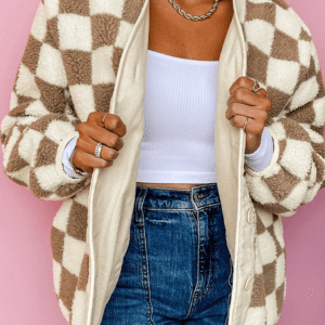 Brown Checkered Sherpa Buttoned Front Chunky Jacket