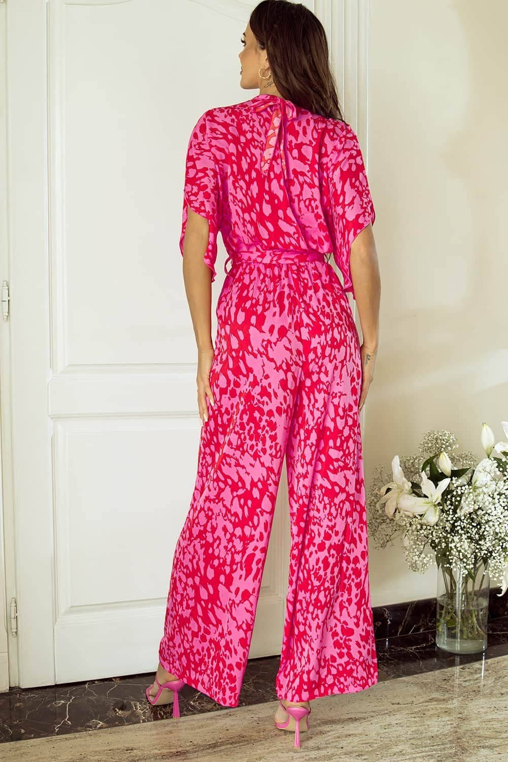 Rose Leopard Loose Sleeve Belted Wide Leg Jumpsuit