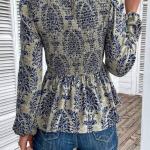 Sky Blue Boho Printed Balloon Sleeve Smocked Peplum Blouse