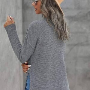 Gray Henley Pullover Drop Shoulder Sweater With Slits