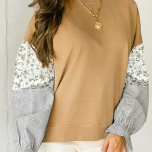 Camel Floral Striped Patchwork Ruffled Sleeve Crew Neck Sweatshirt