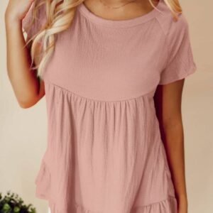 Pink Solid Short Sleeve Ruffle Hem Top
