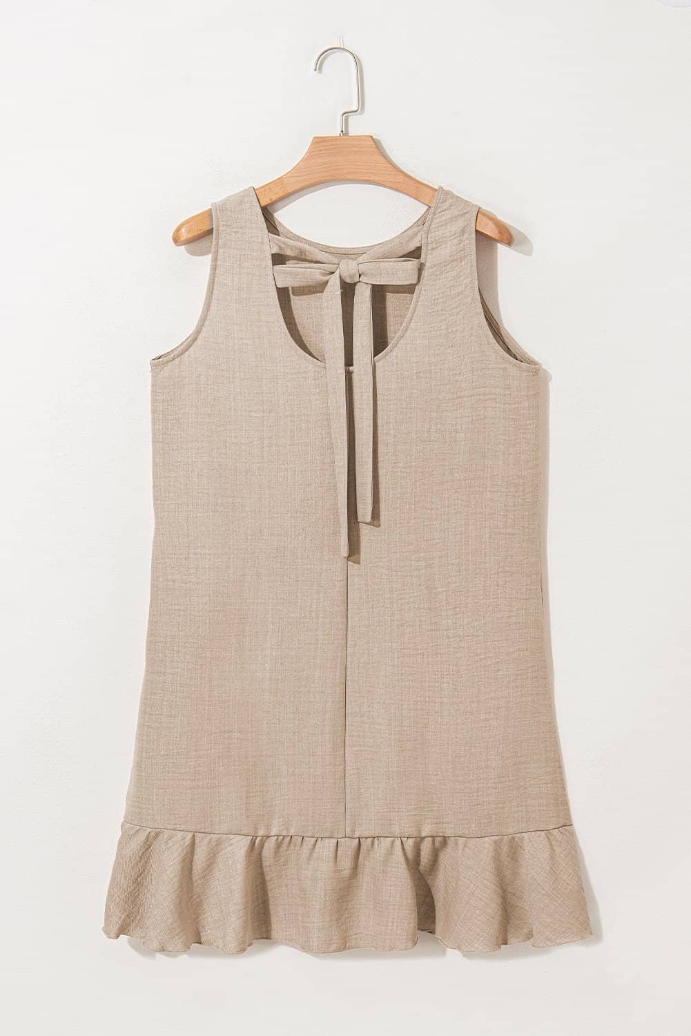 Smoke Gray Knot Scoop Back Ruffle Hem Sleeveless Mini Dress