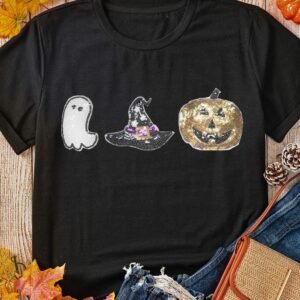 Black Halloween Sequin Pattern Patched Crewneck Tee