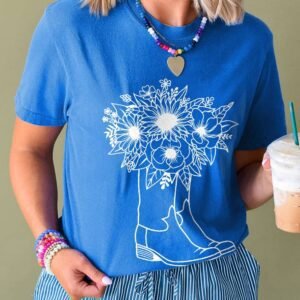Blue Sunflower Boots Graphic Western Fashion T Shirt