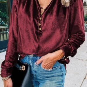 Biking Red Frilled Neck Buttoned Front Velvet Top
