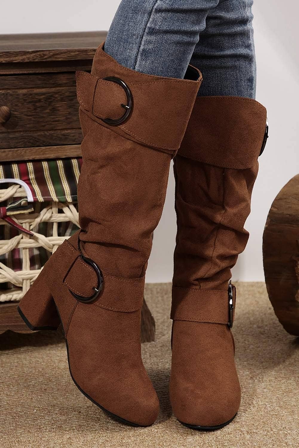 Coffee Suede Double Buckled Side Zipped Mid-Calf Boots