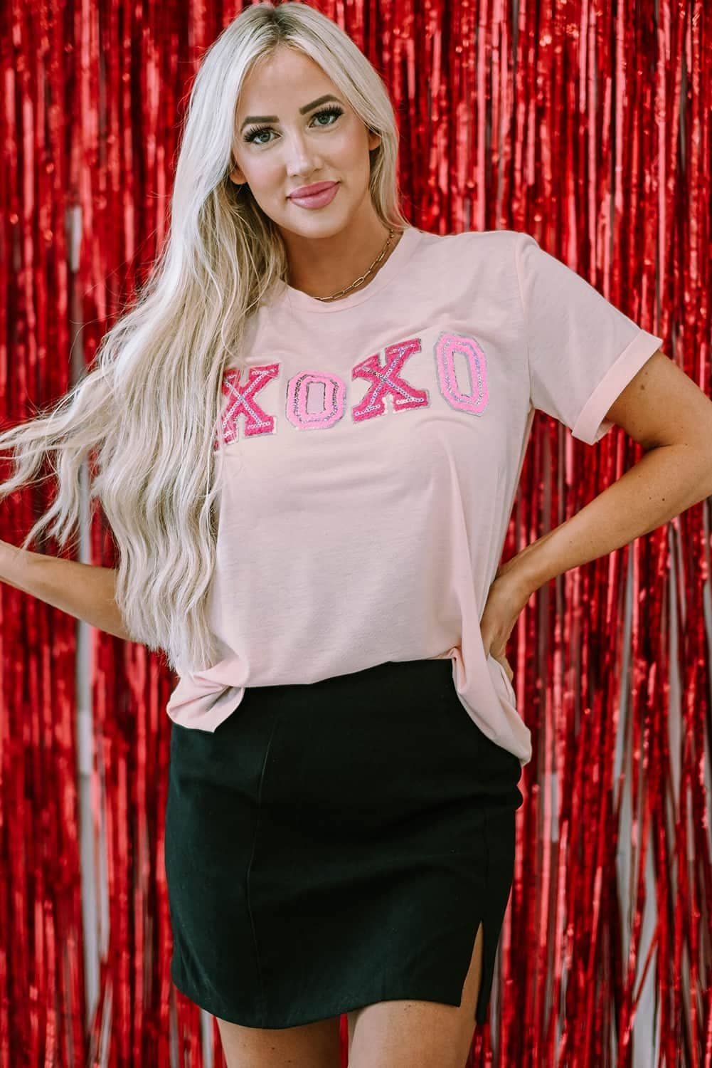 Pink Valentines Shiny Xoxo Graphic T-Shirt