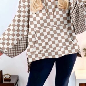 Khaki Double Checkered Patchwork Tie Neck Oversize Hoodie