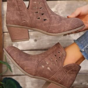 Red Sandalwood Cut Out Suede Pointed Toe Heeled Ankle Boots