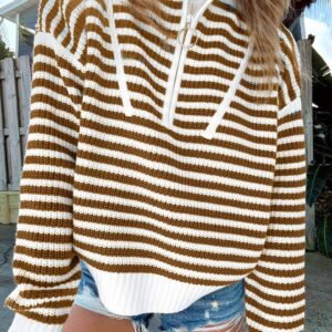 Khaki Stripe Zip Up Collar Drop Shoulder Sweater