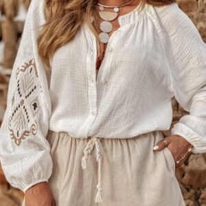 White Embroidered Textured Buttoned Crew Neck Shirt