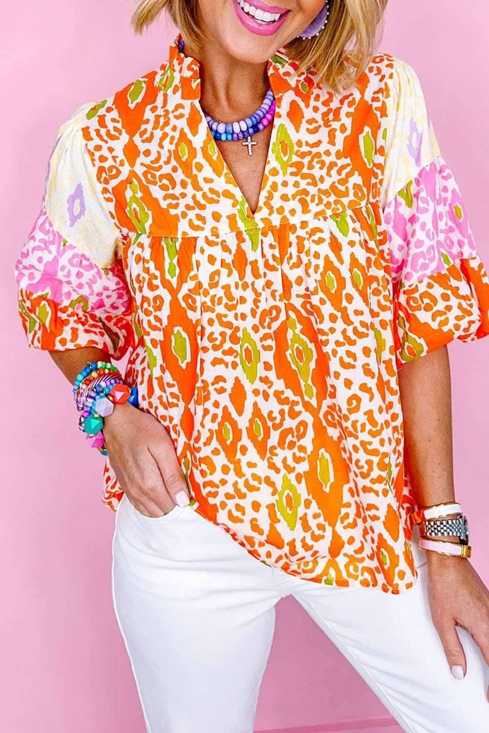 Orange Leopard Colorblock Puff Sleeve Split Neck Blouse