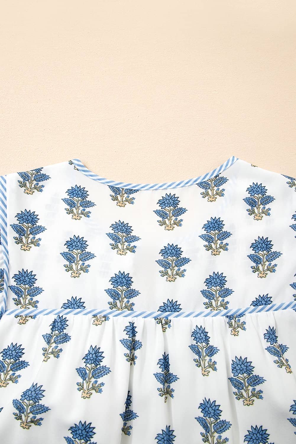 Sky Blue Floral Puff Sleeve Tied Neck Pocketed Mini Dress