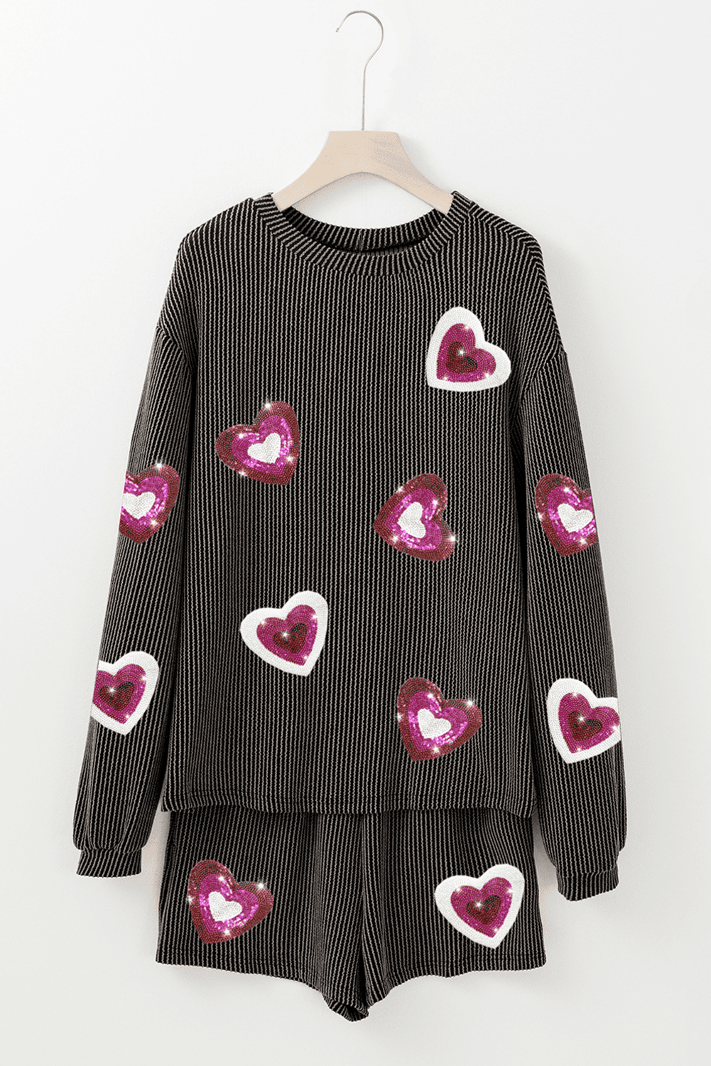 Carbon Grey Valentine Sequin Heart Corded Pullover And Shorts Set