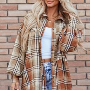 Khaki Plaid Colorblock Patchwork High Low Shacket