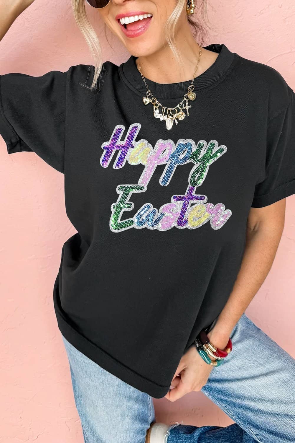 Black Sequined Happy Easter Graphic Tee
