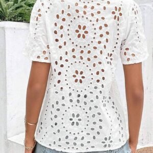 White Geometric Embroidery Hollow Out Blouse
