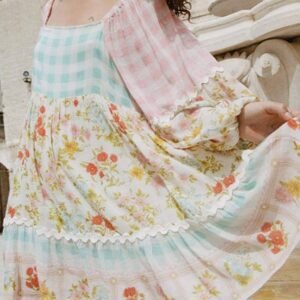 Pink Ric Rac Plaid Floral Print Patchwork Bubble Sleeve Dress