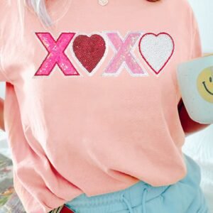 Pink Sequin Heart Xoxo Patched Graphic Valentines T Shirt