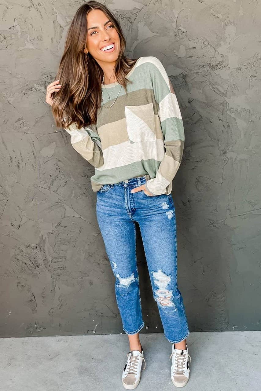 Green Color Block Ribbed Long Sleeve Top With Pocket