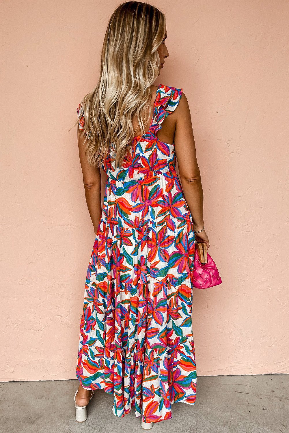 Red Boho Floral Ruffled Strap V Neck Maxi Dress