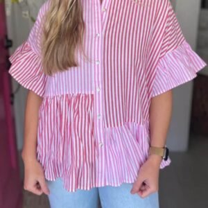 Pink Stripe Striped Patchwork Ruffled Hem Button Up Shirt