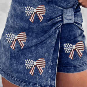 Sail Blue High Waist Usa Flag Inspire Bow Patched Twisted Denim Skort