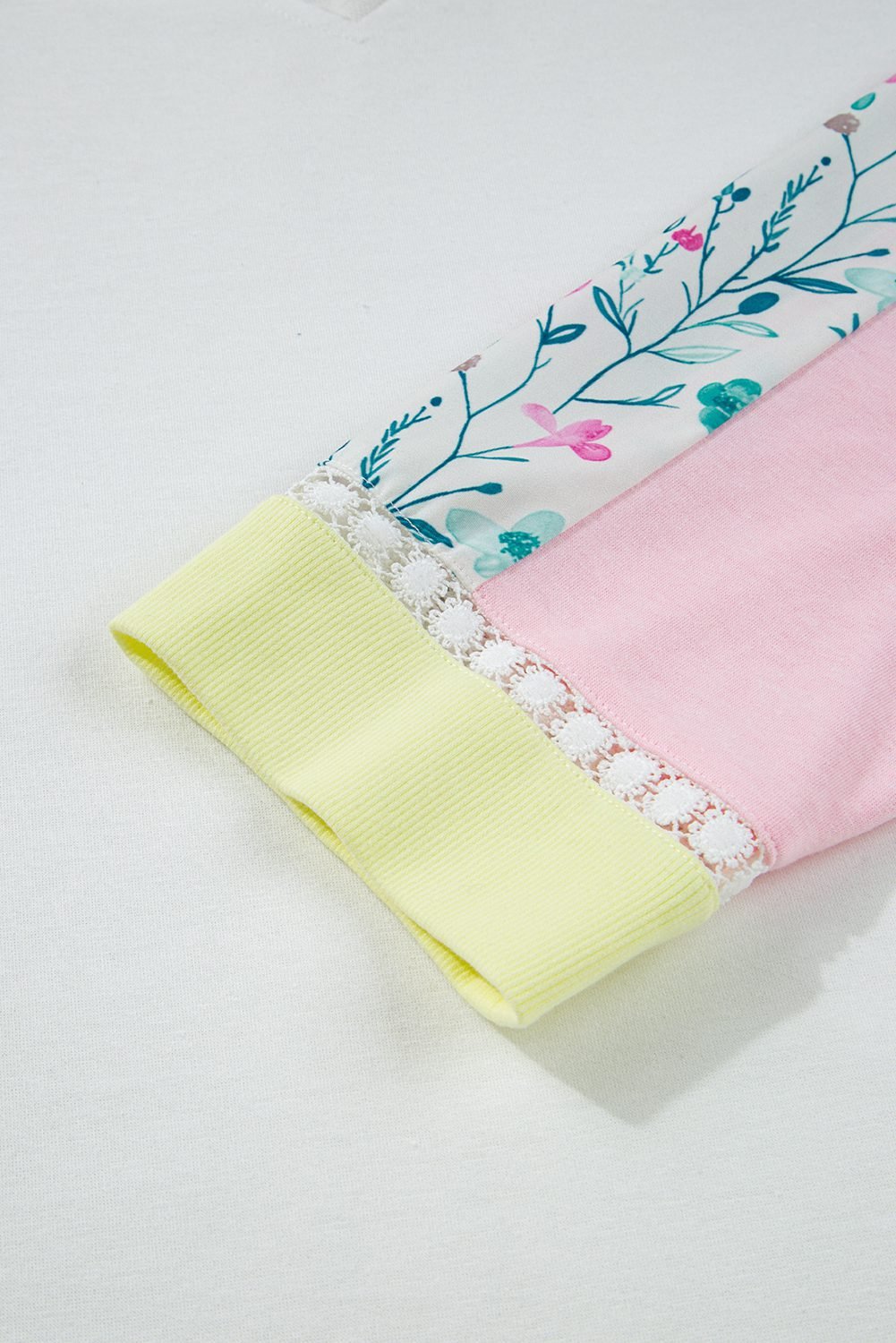 White Floral Colorblock Patchwork Chest Pocket Notched Neck Long Sleeve Top