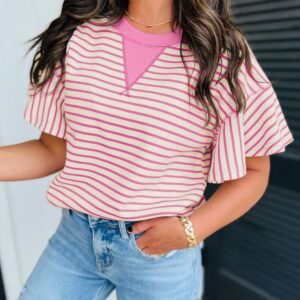 Sachet Pink Contrast Detail Striped Ruffle Short Sleeve Top