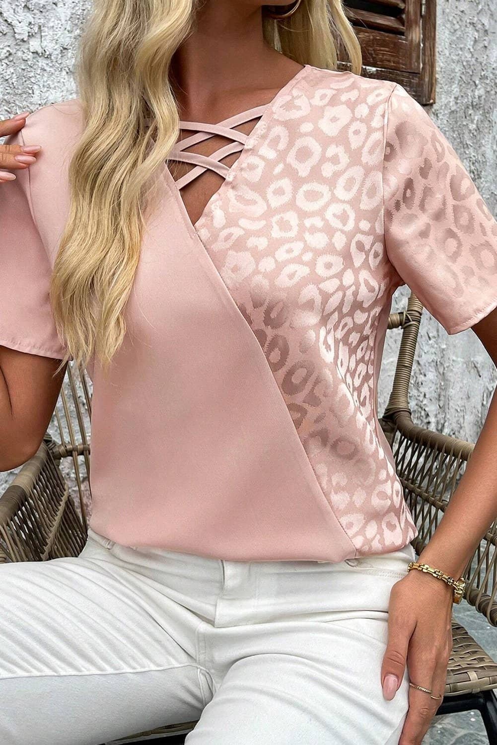Apricot Pink Leopard Jacquard Patchwork Crisscross V Neck Short Sleeve Blouse