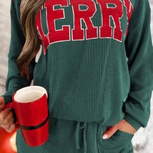 Evergreen Corded Merry Graphic Long Sleeve Top And Shorts Set