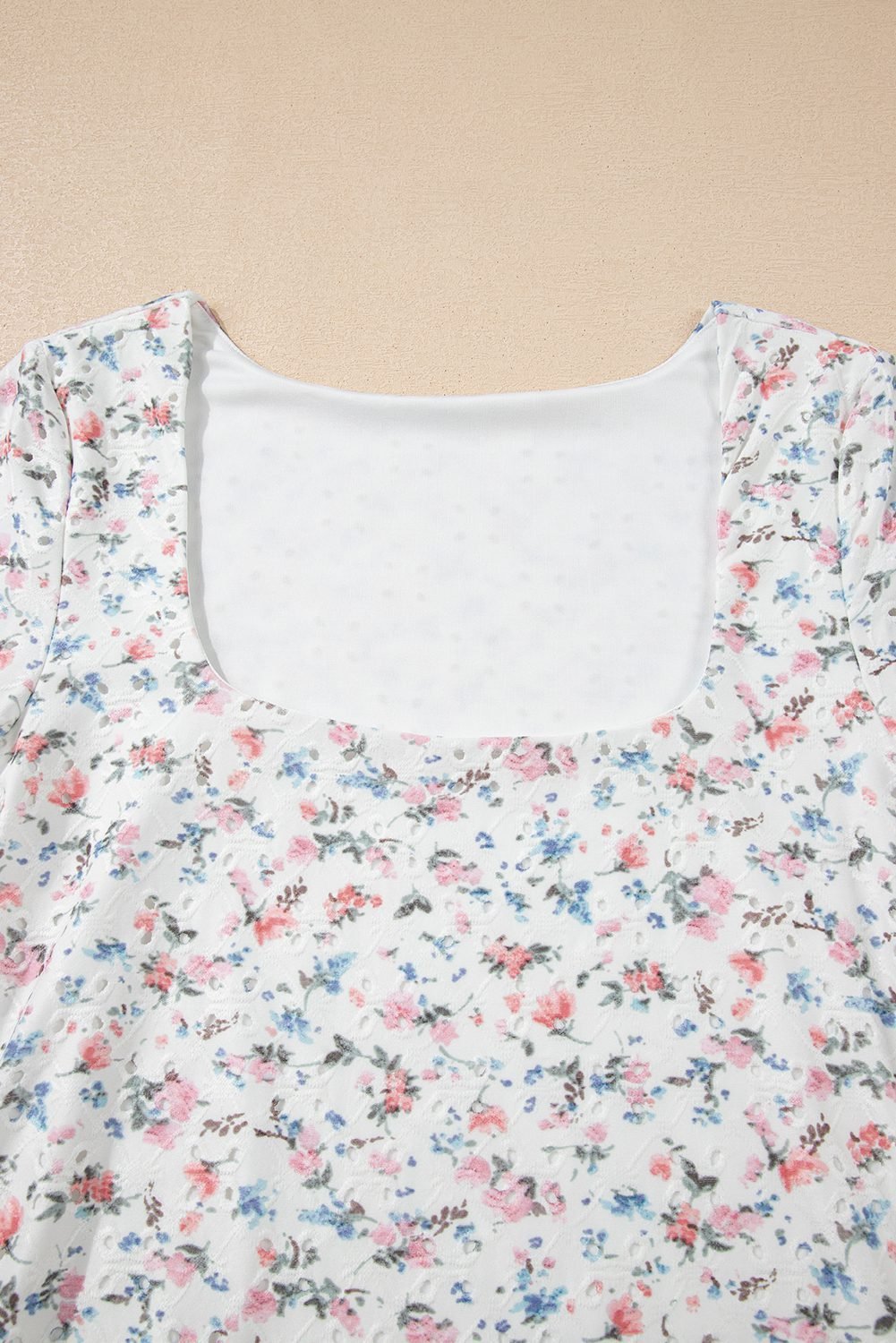 White Floral Print Textured Square Neck Slim Fit Long Sleeve Top